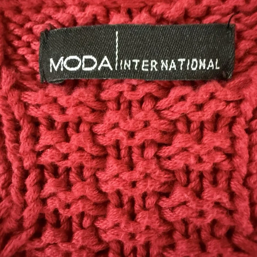 Vtg Moda Y2K Cable Knit Sweater Jumper M Red Cotton V-Neck Long Sleeve Fisherman
